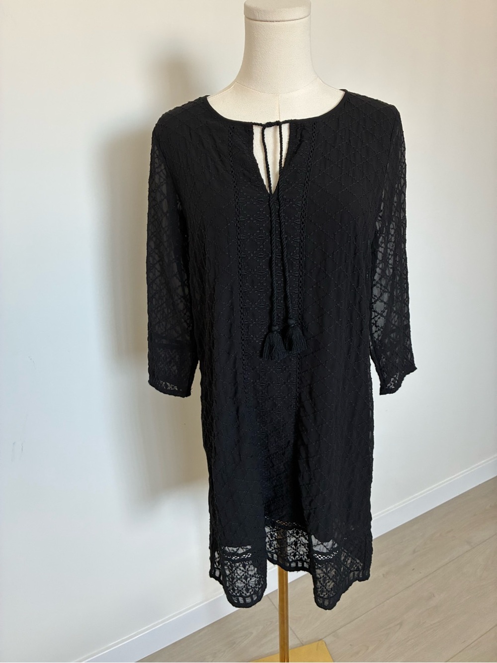 Lucky Brand Black Lace Tie-Neck Textured Embroidered Tunic Dress